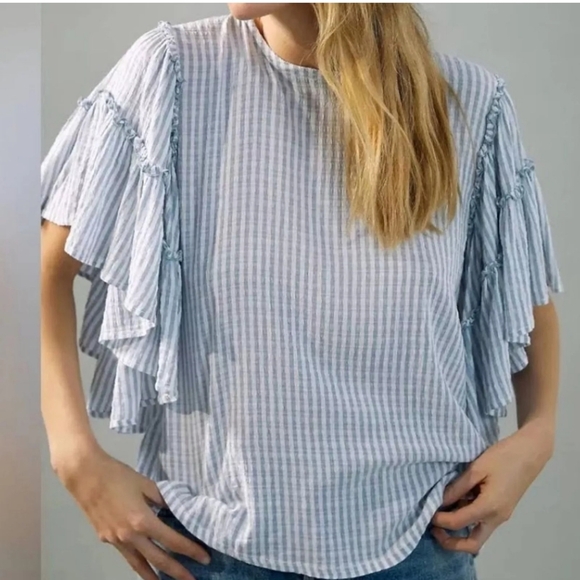 Anthro Pilcro Sybil Ruffle Sleeve Blouse Size Medium Tan/ White Stripe - Picture 2 of 8